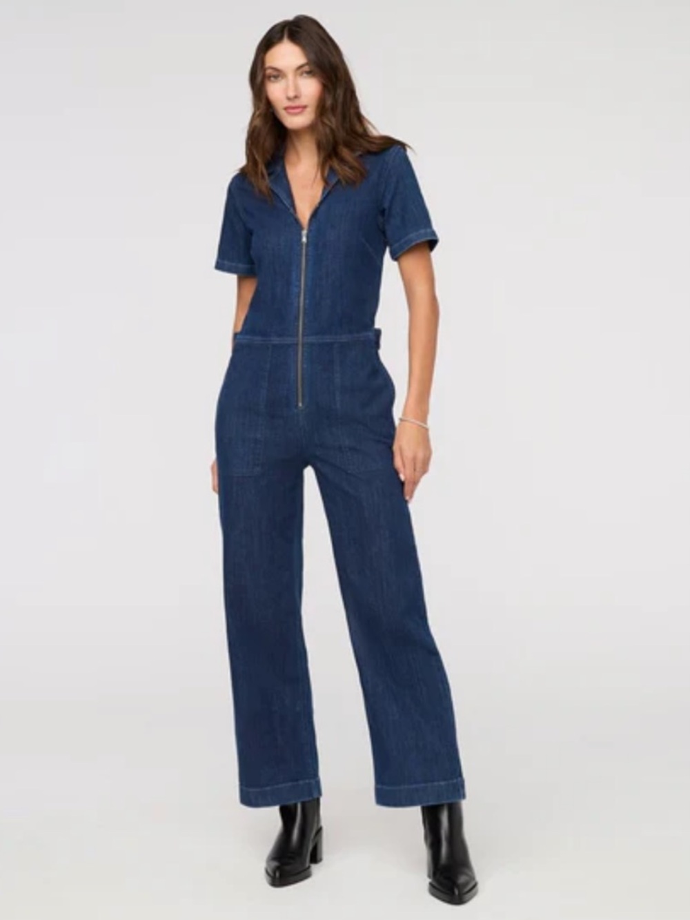 DU/ER Performance Denim Short Sleeve Jumpsuit Size Extra Small Zip Front